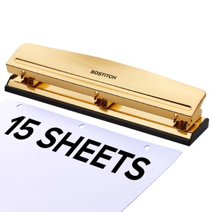 image:imageBostitch Office Premium 3 Hole Punch 12 Sheet Capacity Metal Rubber Base EasyClean Tray Silver Gray15 Sheet Gold