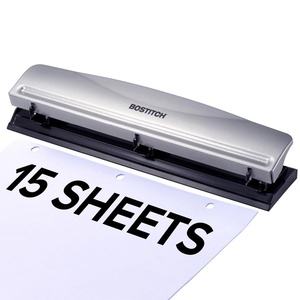 image:imageBostitch Office Premium 3 Hole Punch 12 Sheet Capacity Metal Rubber Base EasyClean Tray Silver Gray15 Sheet Silver