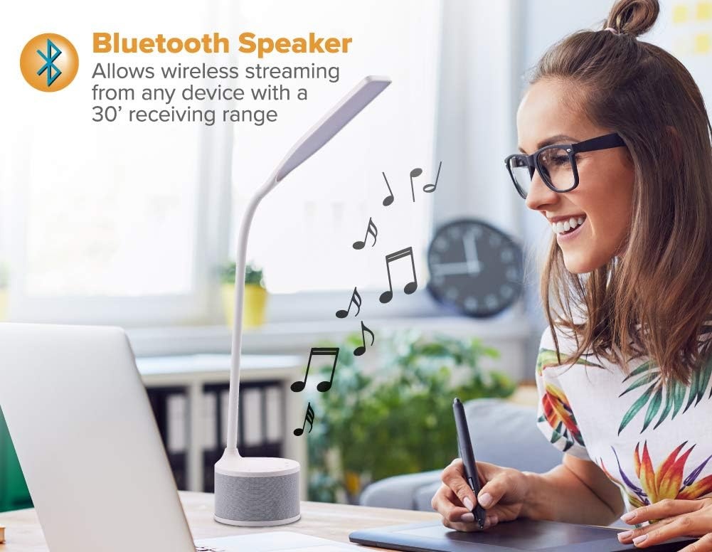 image:imageBostitch Office LED Dimmable Desk Lamp with Bluetooth Speaker amp USB Port Energy Efficient 55W Natural Daylight White VLED1817WHITEBOS