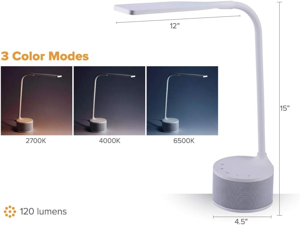 image:imageBostitch Office LED Dimmable Desk Lamp with Bluetooth Speaker amp USB Port Energy Efficient 55W Natural Daylight White VLED1817WHITEBOS