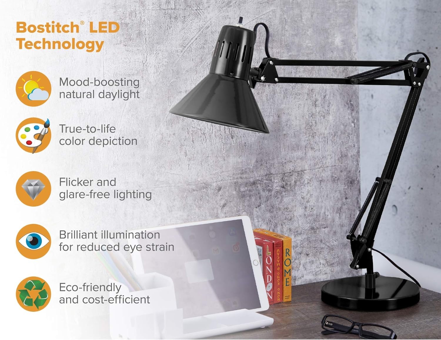 image:imageBostitch Office VLF100 LED Swing Arm Desk Lamp with Clamp Mount 36 Reach Includes LED BulbBlackBase Black