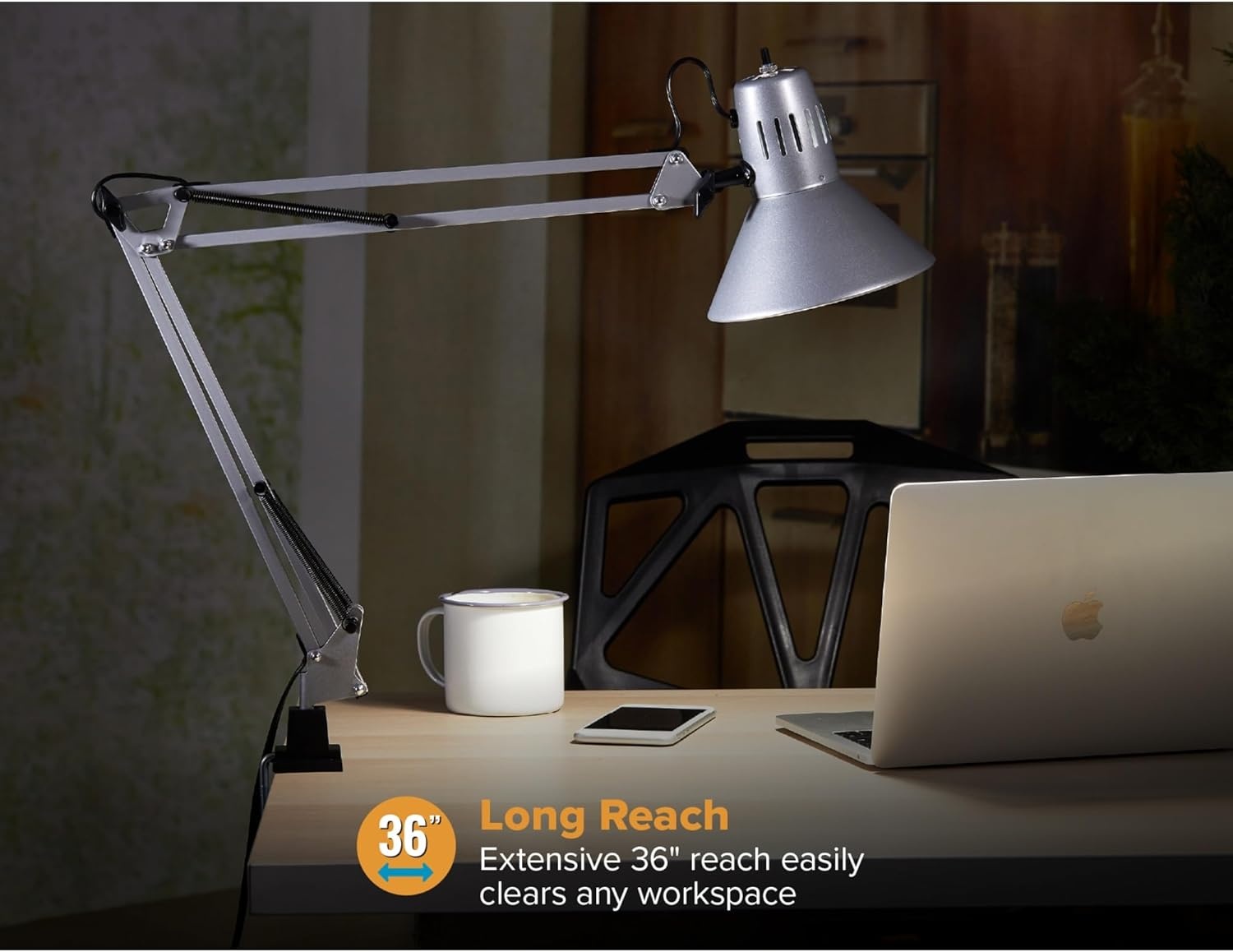 image:imageBostitch Office VLF100 LED Swing Arm Desk Lamp with Clamp Mount 36 Reach Includes LED BulbBlackClamp Silver