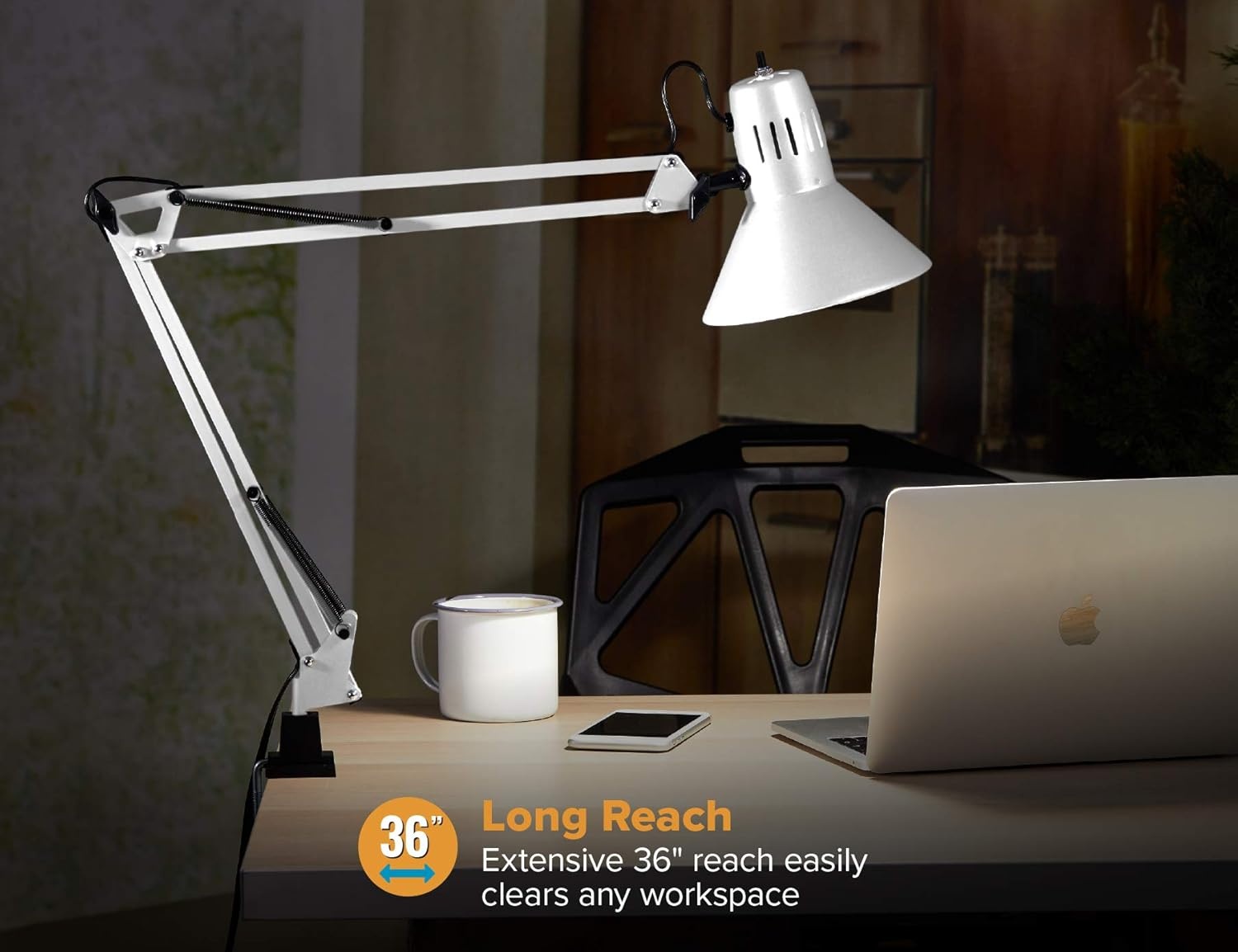 image:imageBostitch Office VLF100 LED Swing Arm Desk Lamp with Clamp Mount 36 Reach Includes LED BulbBlackClamp White