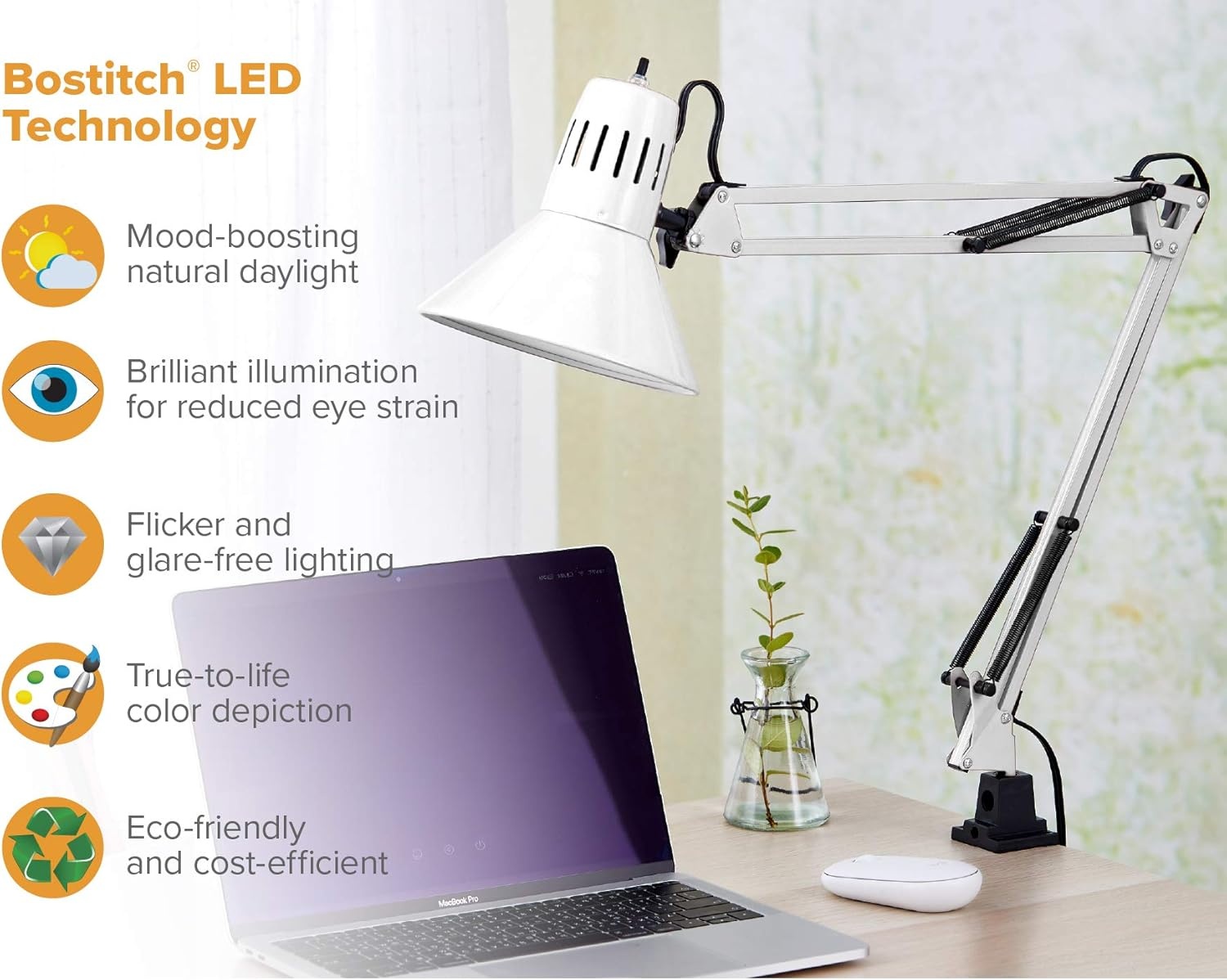 image:imageBostitch Office VLF100 LED Swing Arm Desk Lamp with Clamp Mount 36 Reach Includes LED BulbBlackClamp White