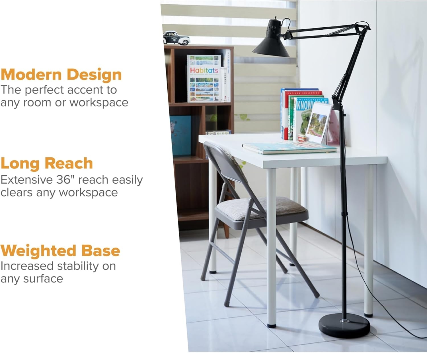 image:imageBostitch Office VLF100 LED Swing Arm Desk Lamp with Clamp Mount 36 Reach Includes LED BulbBlackFloor Black