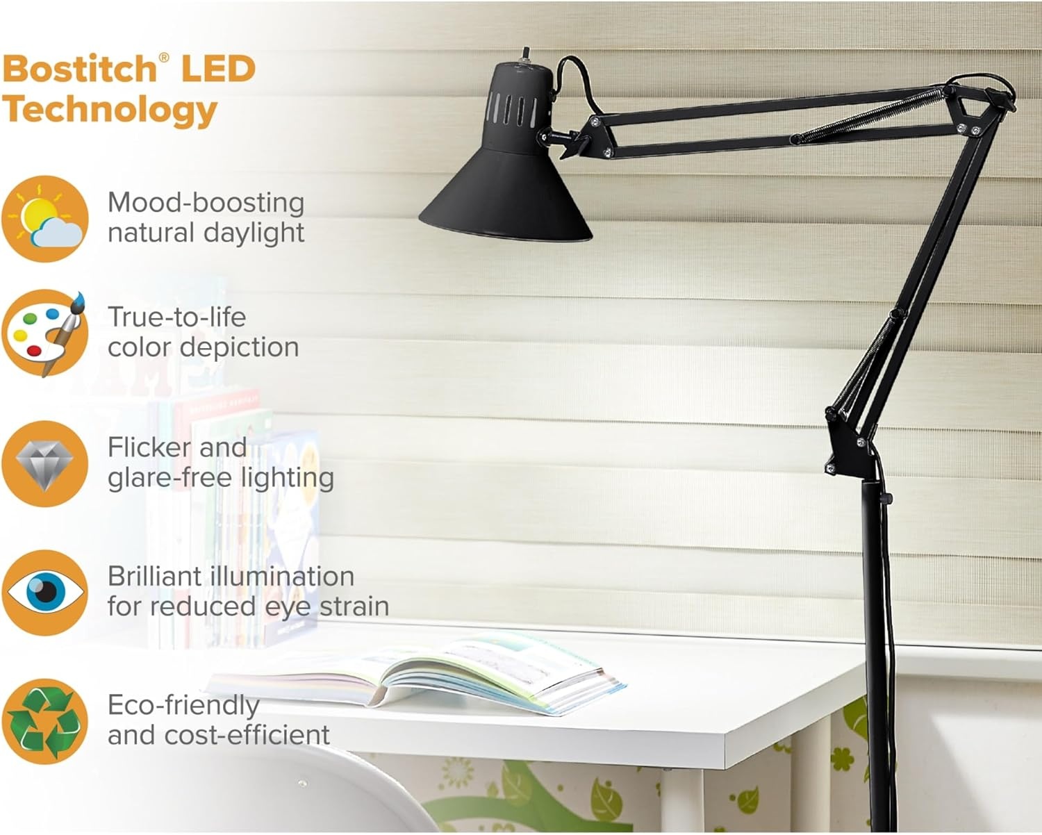 image:imageBostitch Office VLF100 LED Swing Arm Desk Lamp with Clamp Mount 36 Reach Includes LED BulbBlackFloor Black