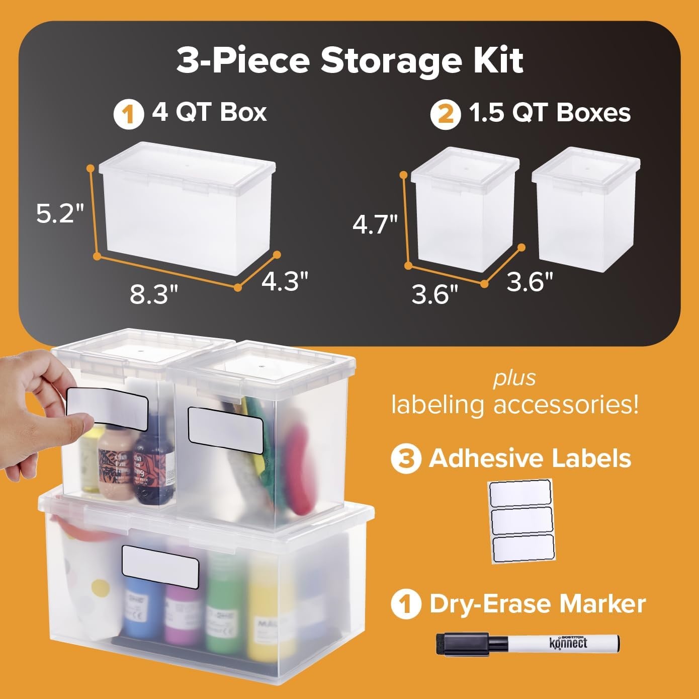 image:imageBostitch Konnect Storage Containers with Lids Clear Plastic Box Stackable for Crafts Home and Office Organization Labels 3Piece 1 4 Qt Box 2 15 Qt boxesStarter Set