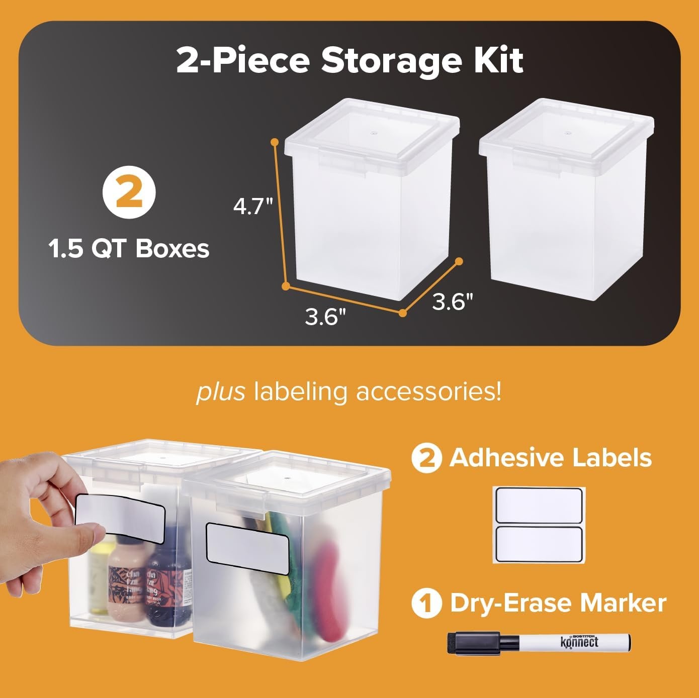 image:imageBostitch Konnect Storage Containers with Lids Clear Plastic Box Stackable for Crafts Home and Office Organization Labels 3Piece 1 4 Qt Box 2 15 Qt boxes15 Qt 2 Pack