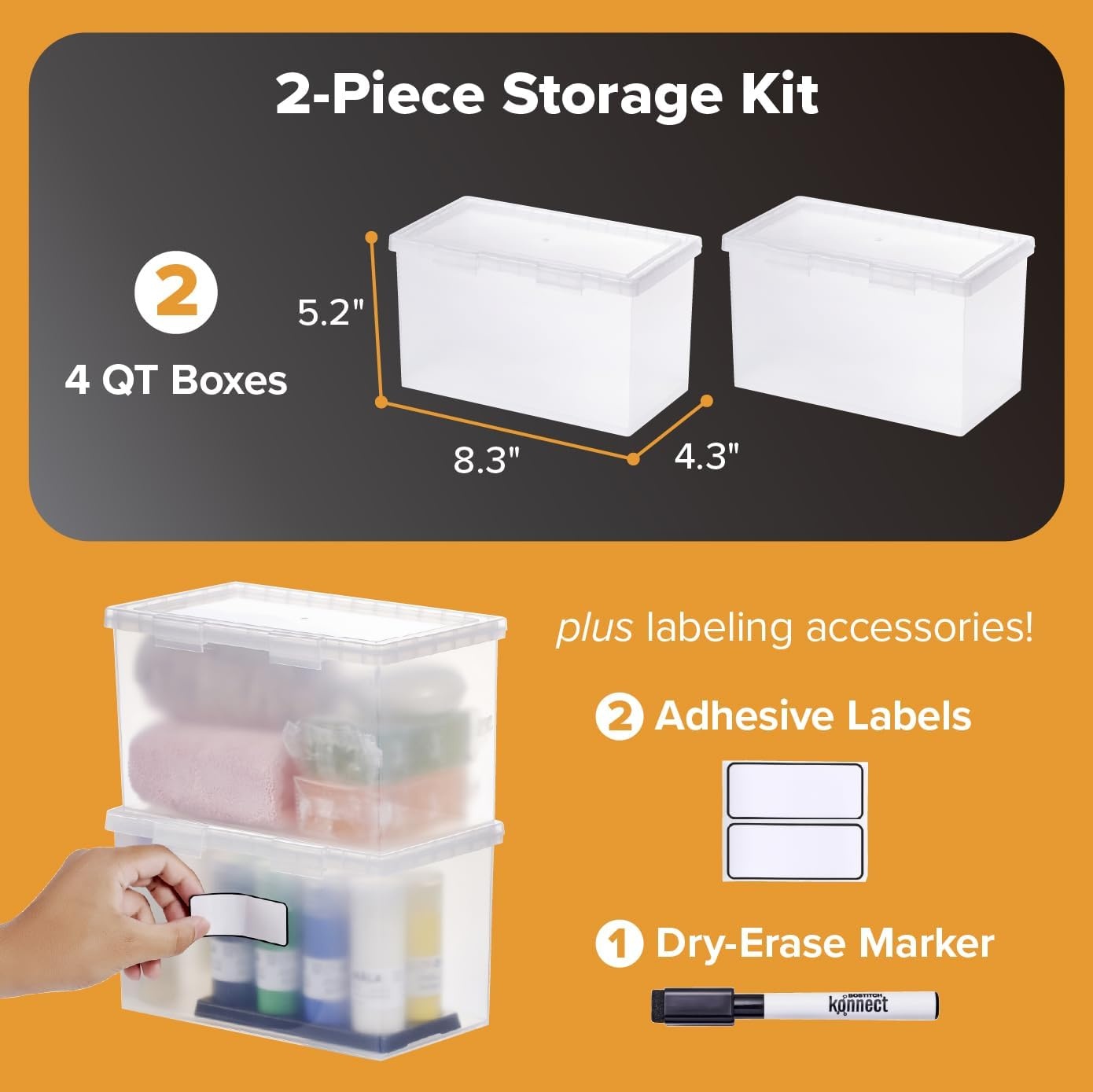 image:imageBostitch Konnect Storage Containers with Lids Clear Plastic Box Stackable for Crafts Home and Office Organization Labels 3Piece 1 4 Qt Box 2 15 Qt boxes4 Qt 2 Pack