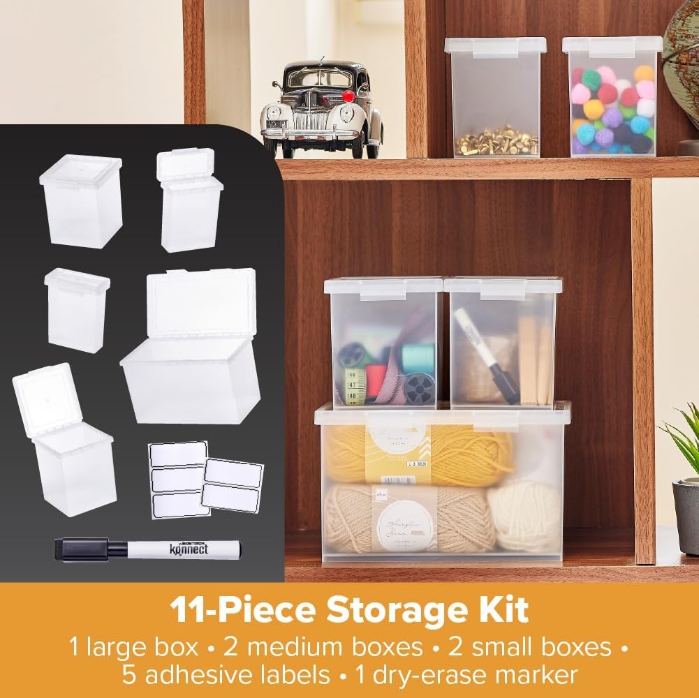 image:imageBostitch Konnect Storage Containers with Lids Clear Plastic Box Stackable for Crafts Home and Office Organization Labels 3Piece 1 4 Qt Box 2 15 Qt boxesComplete Set