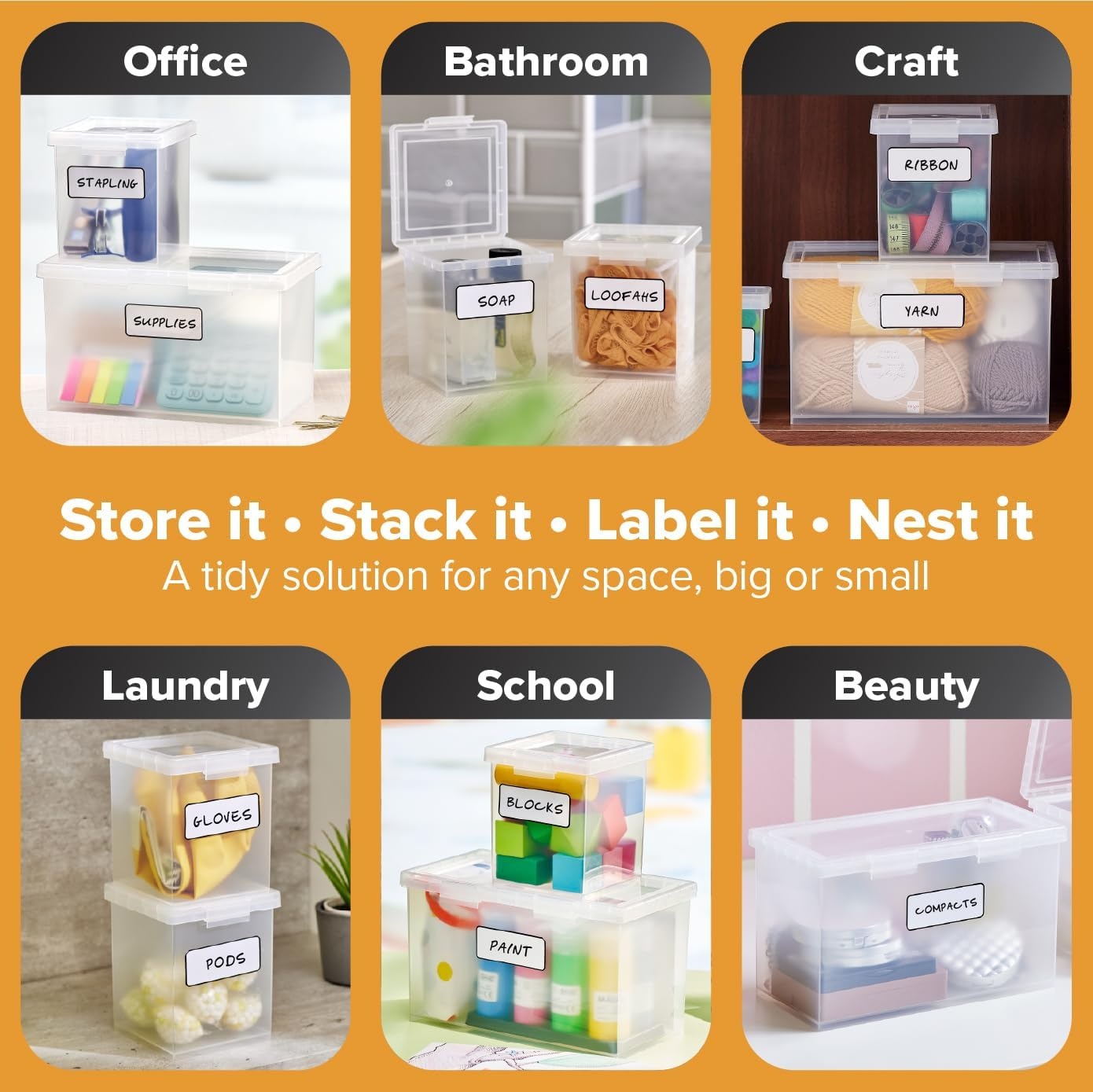image:imageBostitch Konnect Storage Containers with Lids Clear Plastic Box Stackable for Crafts Home and Office Organization Labels 3Piece 1 4 Qt Box 2 15 Qt boxesStarter Set