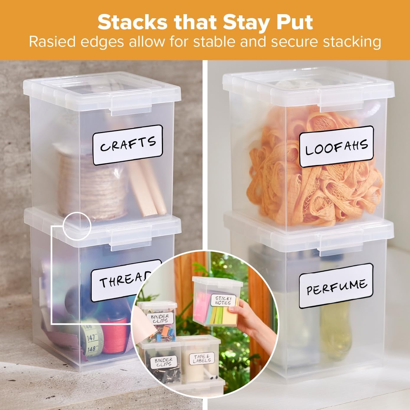 image:imageBostitch Konnect Storage Containers with Lids Clear Plastic Box Stackable for Crafts Home and Office Organization Labels 3Piece 1 4 Qt Box 2 15 Qt boxes15 Qt 2 Pack