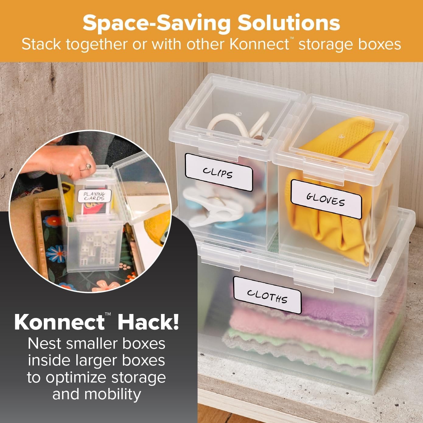 image:imageBostitch Konnect Storage Containers with Lids Clear Plastic Box Stackable for Crafts Home and Office Organization Labels 3Piece 1 4 Qt Box 2 15 Qt boxesStarter Set