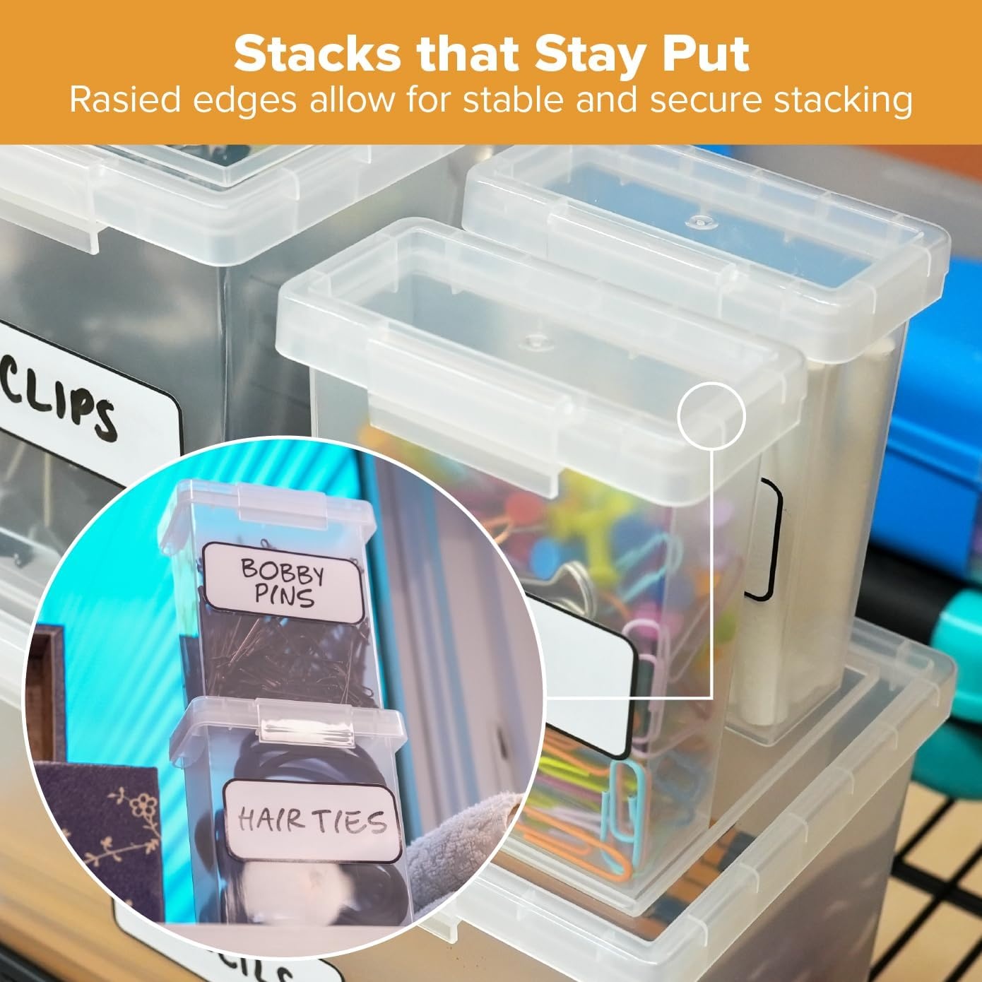 image:imageBostitch Konnect Storage Containers with Lids Clear Plastic Box Stackable for Crafts Home and Office Organization Labels 3Piece 1 4 Qt Box 2 15 Qt boxes05 Qt 2 Pack