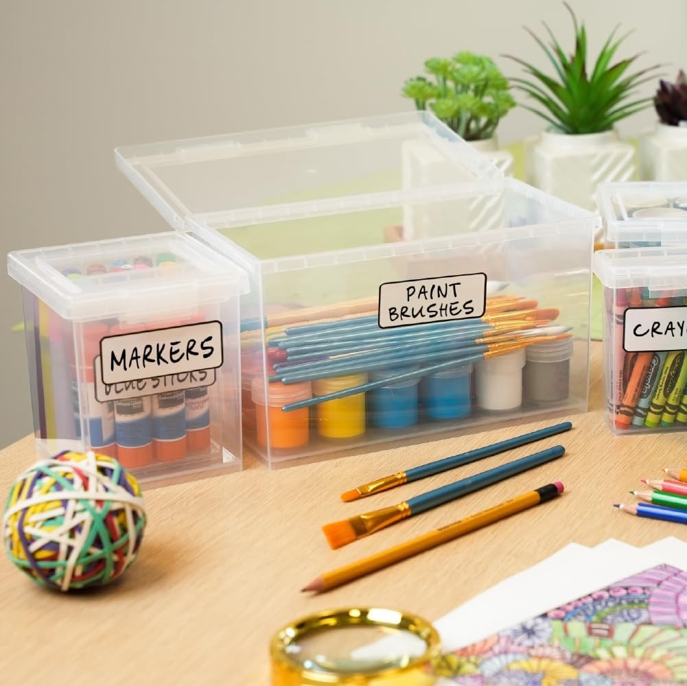 image:imageBostitch Konnect Storage Containers with Lids Clear Plastic Box Stackable for Crafts Home and Office Organization Labels 3Piece 1 4 Qt Box 2 15 Qt boxesStarter Set