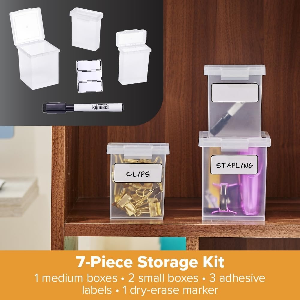 image:imageBostitch Konnect Storage Containers with Lids Clear Plastic Box Stackable for Crafts Home and Office Organization Labels 3Piece 1 4 Qt Box 2 15 Qt boxesSmall Storage Set