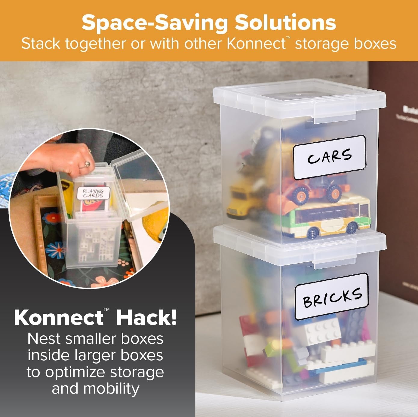 image:imageBostitch Konnect Storage Containers with Lids Clear Plastic Box Stackable for Crafts Home and Office Organization Labels 3Piece 1 4 Qt Box 2 15 Qt boxes15 Qt 2 Pack