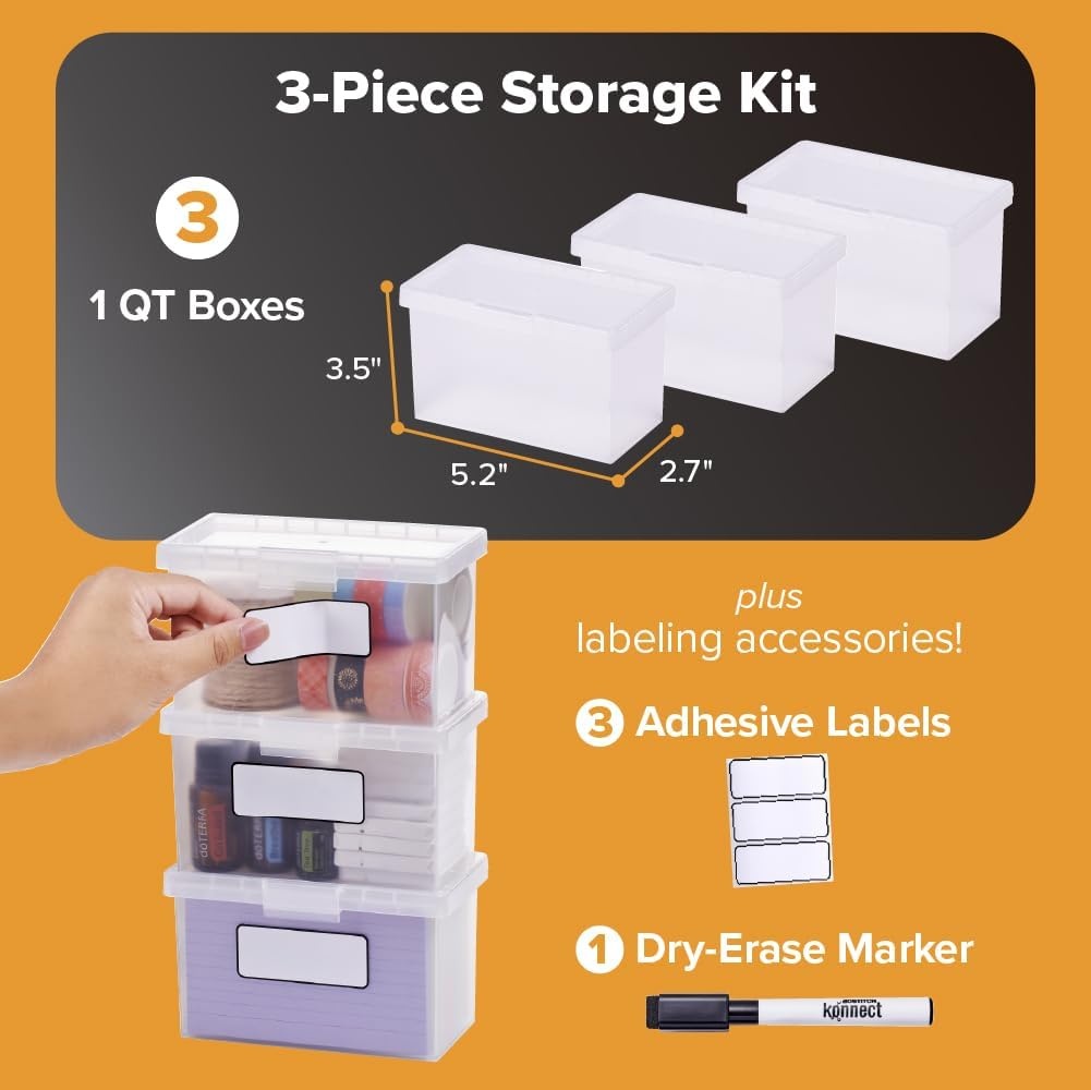 image:imageBostitch Konnect Storage Containers with Lids Office Organizer Clear Plastic Box Stackable for Index Cards Labels 1 Qt 3 Pack3Pack