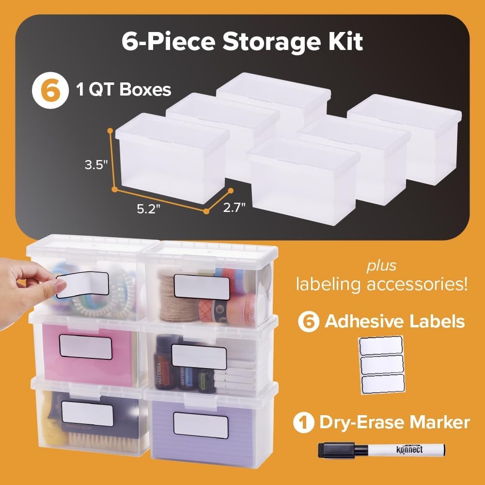 image:imageBostitch Konnect Storage Containers with Lids Office Organizer Clear Plastic Box Stackable for Index Cards Labels 1 Qt 3 Pack6Pack