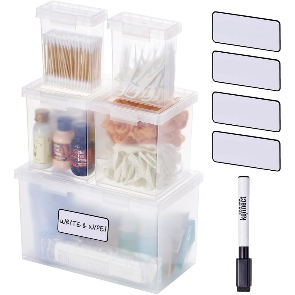 image:imageBostitch Konnect Storage Containers with Lids Clear Plastic Box Stackable for Crafts Home and Office Organization Labels 3Piece 1 4 Qt Box 2 15 Qt boxesComplete Set