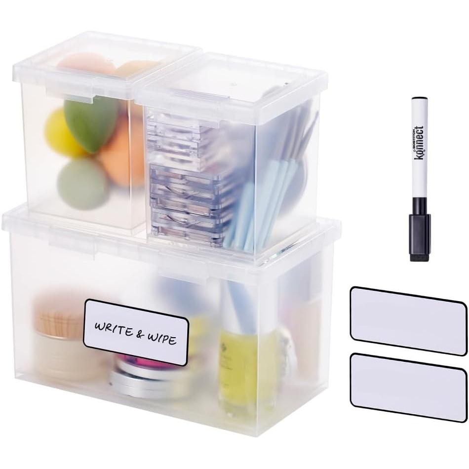 image:imageBostitch Konnect Storage Containers with Lids Clear Plastic Box Stackable for Crafts Home and Office Organization Labels 3Piece 1 4 Qt Box 2 15 Qt boxesStarter Set