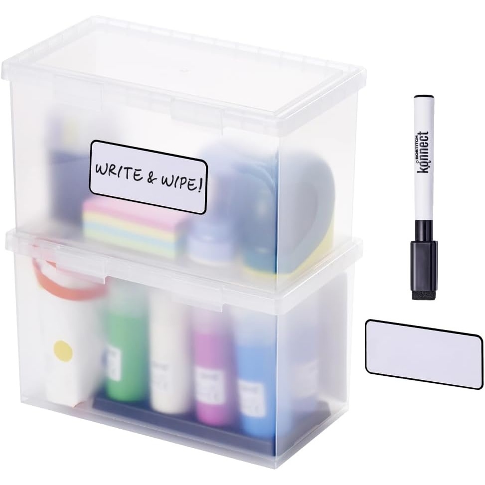 image:imageBostitch Konnect Storage Containers with Lids Clear Plastic Box Stackable for Crafts Home and Office Organization Labels 3Piece 1 4 Qt Box 2 15 Qt boxes4 Qt 2 Pack