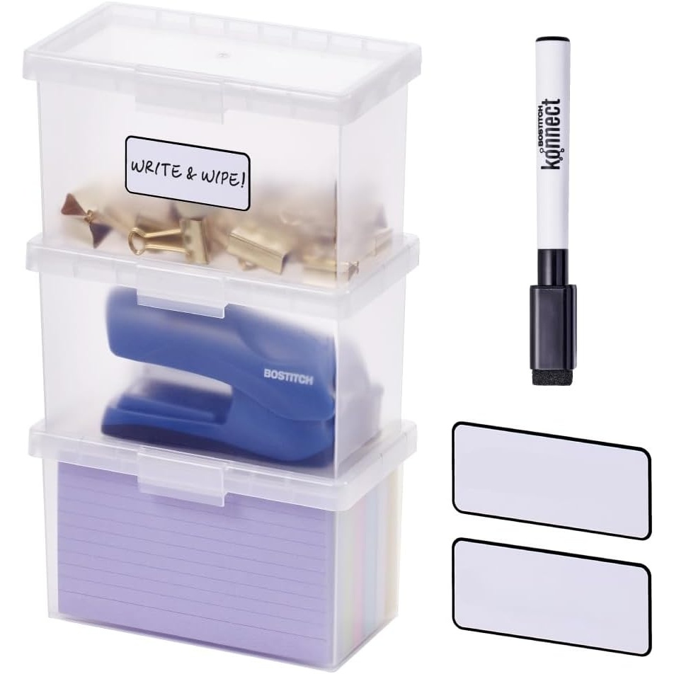 image:imageBostitch Konnect Storage Containers with Lids Office Organizer Clear Plastic Box Stackable for Index Cards Labels 1 Qt 3 Pack3Pack