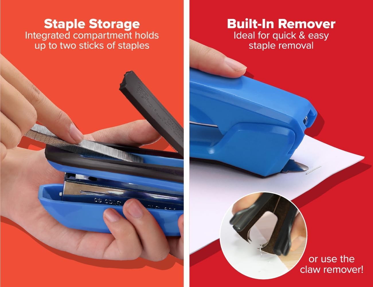 image:imageBostitch Office Ascend 3 in 1 Stapler Integrated Remover amp Staple Storage 420 Staples Included 20 Sheet Capacity Lightweight MagentaBlue Value Pack