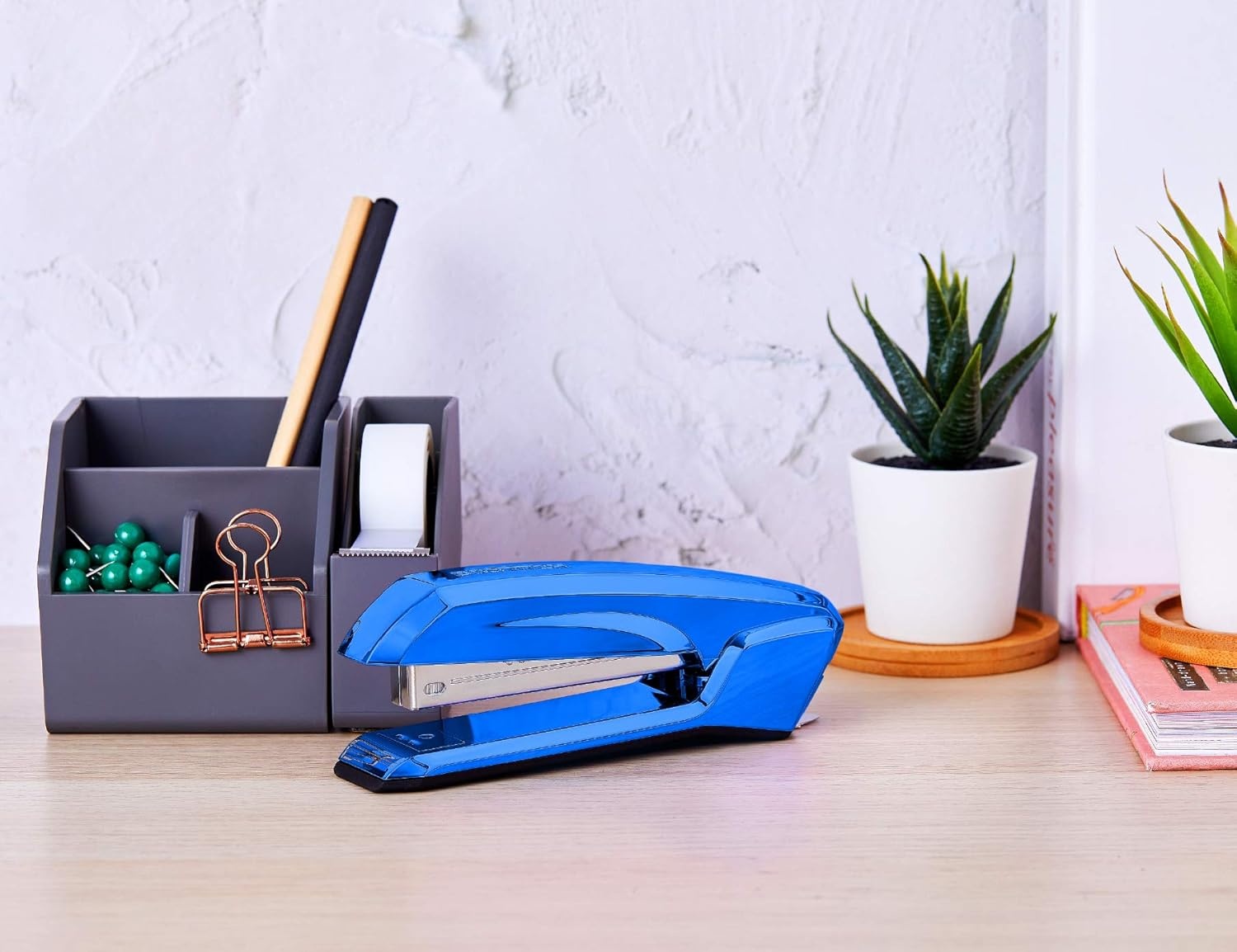 image:imageBostitch Office Ascend 3 in 1 Stapler Integrated Remover amp Staple Storage 420 Staples Included 20 Sheet Capacity Lightweight MagentaMetallic Blue