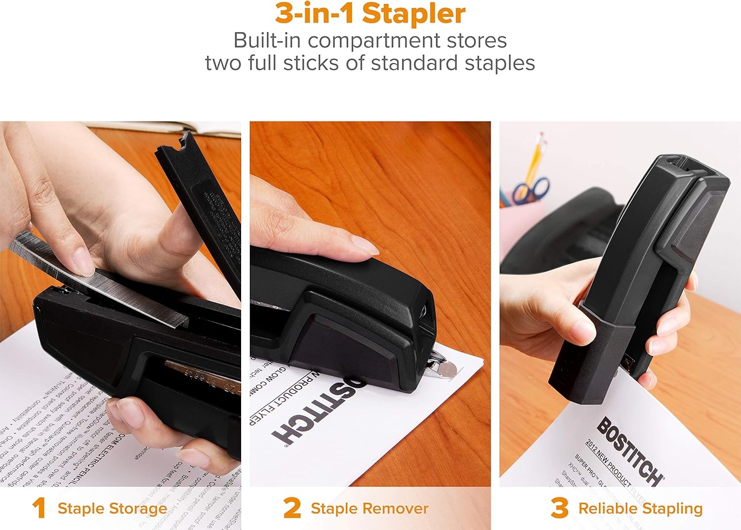 image:imageBostitch Office Epic Metal 3 in 1 Stapler 25 Sheet Capacity Includes 210 Staples in Staple Storage Compartment amp Integrated RemoverBlack