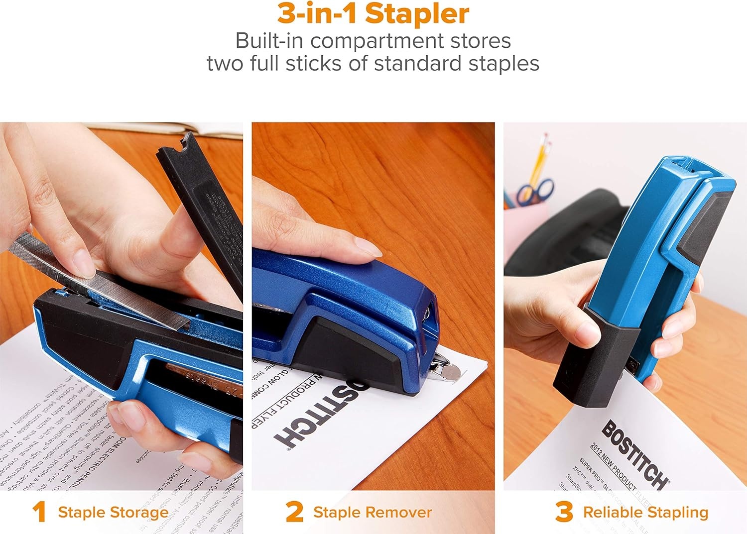 image:imageBostitch Office Epic Metal 3 in 1 Stapler 25 Sheet Capacity Includes 210 Staples in Staple Storage Compartment amp Integrated RemoverBlue