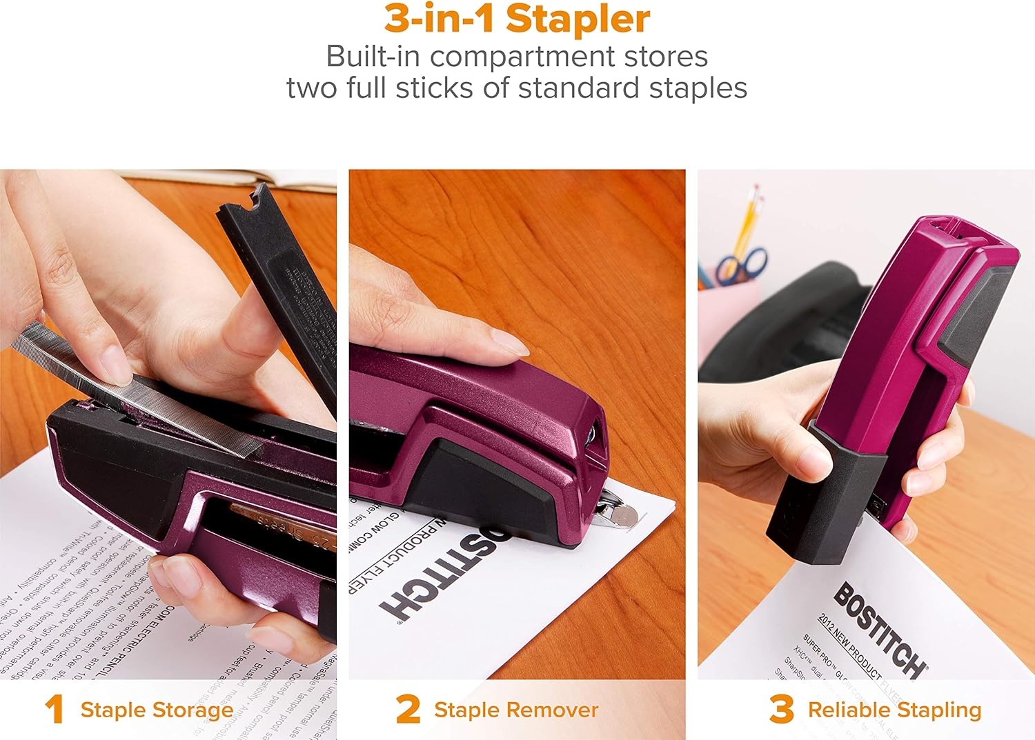 image:imageBostitch Office Epic Metal 3 in 1 Stapler 25 Sheet Capacity Includes 210 Staples in Staple Storage Compartment amp Integrated RemoverMagenta