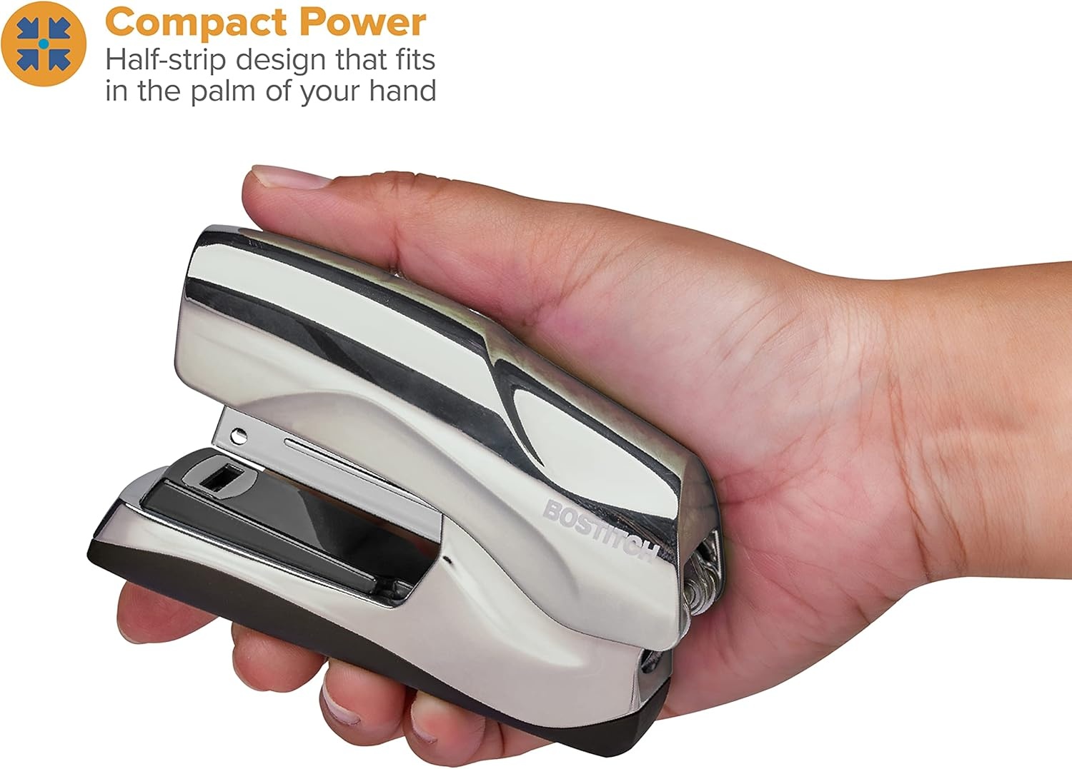 image:imageBostitch Office Heavy Duty Stapler 40 Sheet Capacity No Jam Half Strip Fits into the Palm of Your Hand For Classroom Office or Desk Black 3PackChrome