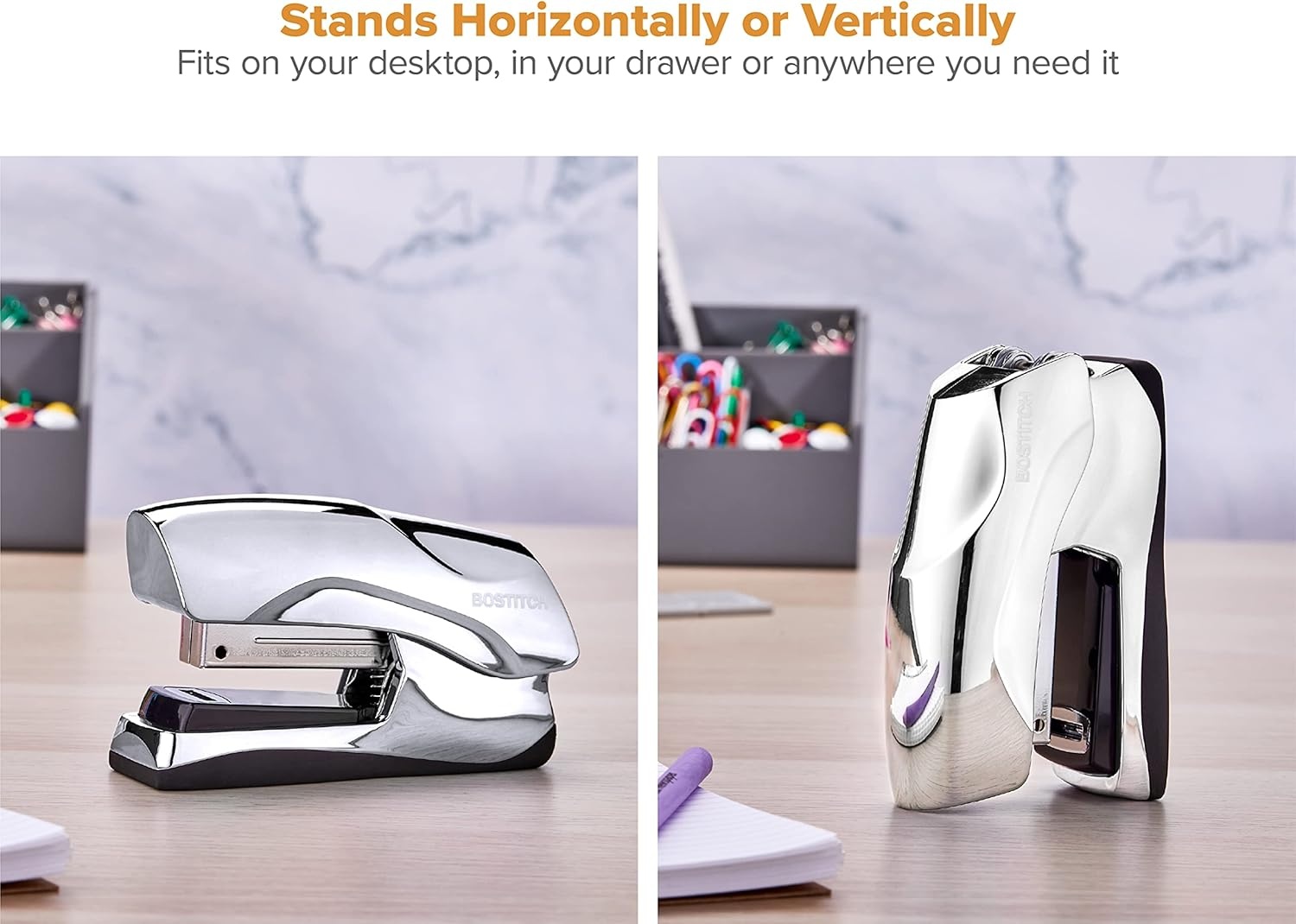 image:imageBostitch Office Heavy Duty Stapler 40 Sheet Capacity No Jam Half Strip Fits into the Palm of Your Hand For Classroom Office or Desk Black 3PackChrome