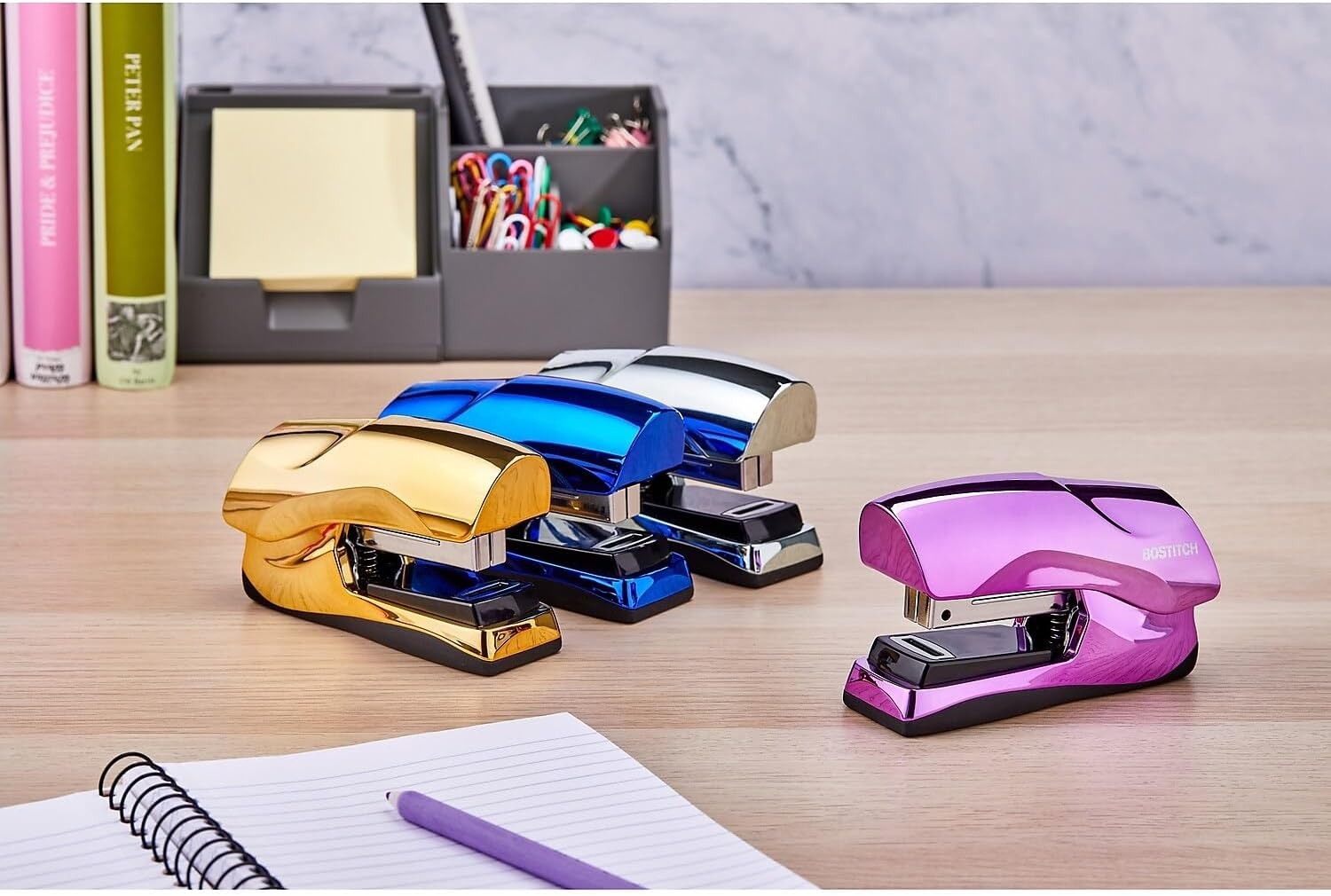 image:imageBostitch Office Heavy Duty Stapler 40 Sheet Capacity No Jam Half Strip Fits into the Palm of Your Hand For Classroom Office or Desk Black 3PackMetallic Blue