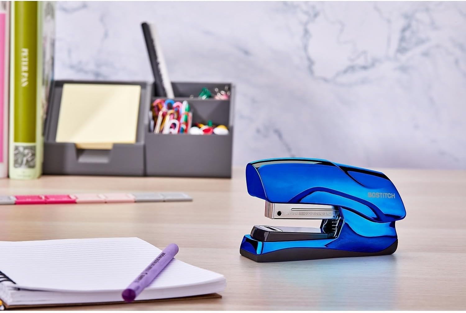image:imageBostitch Office Heavy Duty Stapler 40 Sheet Capacity No Jam Half Strip Fits into the Palm of Your Hand For Classroom Office or Desk Black 3PackMetallic Blue