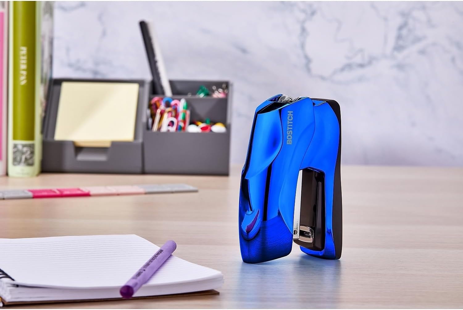 image:imageBostitch Office Heavy Duty Stapler 40 Sheet Capacity No Jam Half Strip Fits into the Palm of Your Hand For Classroom Office or Desk Black 3PackMetallic Blue
