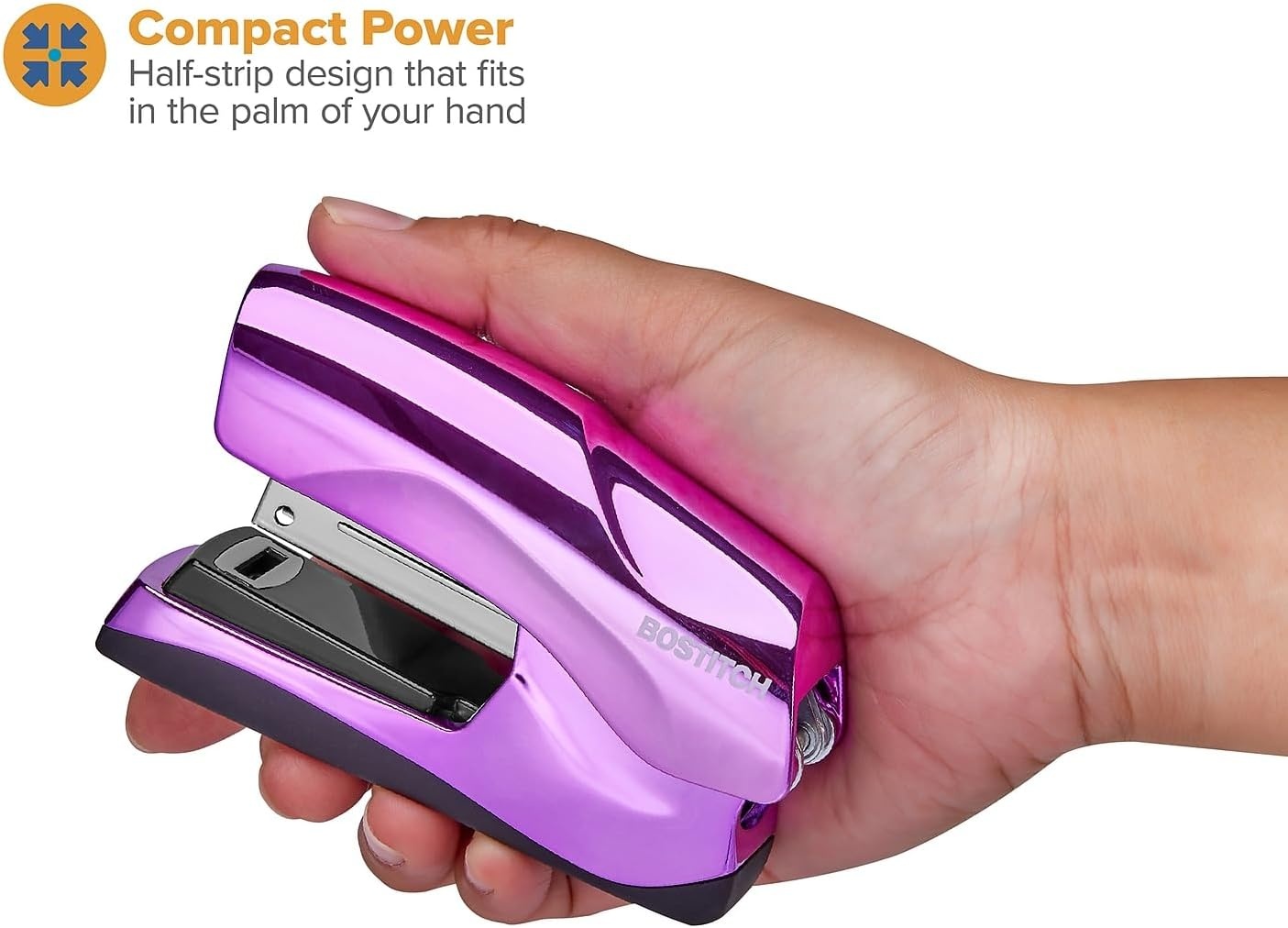 image:imageBostitch Office Heavy Duty Stapler 40 Sheet Capacity No Jam Half Strip Fits into the Palm of Your Hand For Classroom Office or Desk Black 3PackMetallic Purple