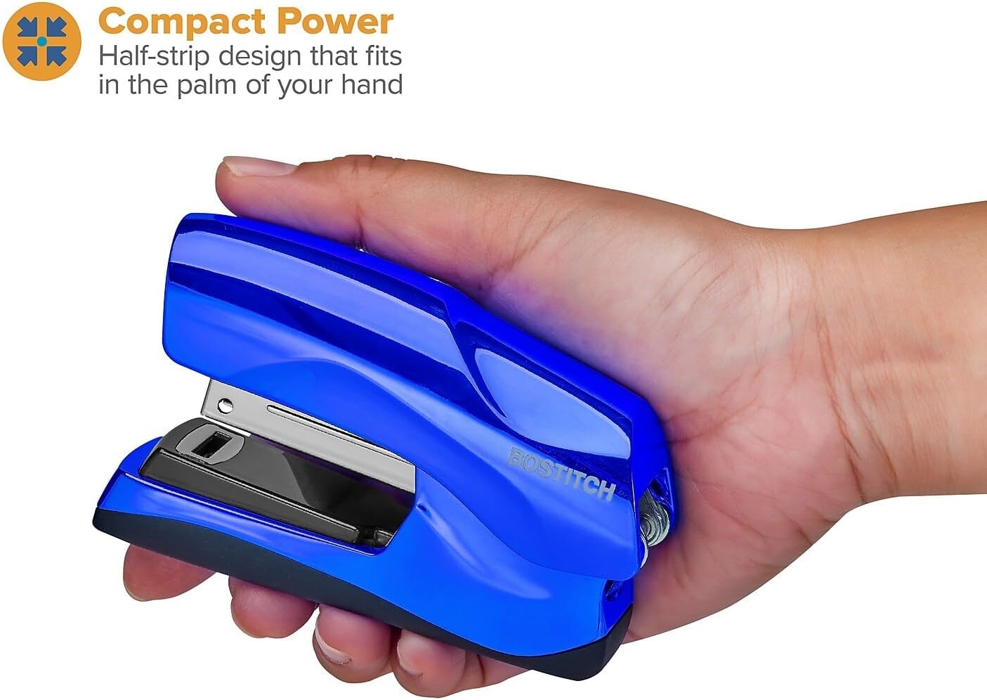 image:imageBostitch Office Heavy Duty Stapler 40 Sheet Capacity No Jam Half Strip Fits into the Palm of Your Hand For Classroom Office or Desk Black 3PackMetallic Blue