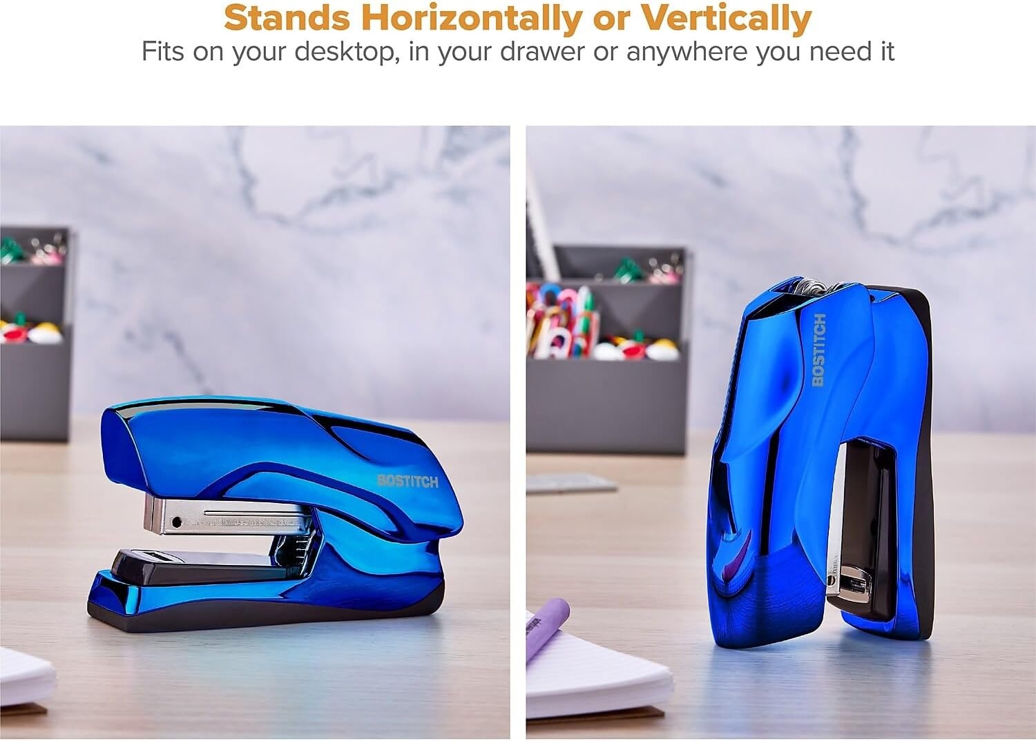 image:imageBostitch Office Heavy Duty Stapler 40 Sheet Capacity No Jam Half Strip Fits into the Palm of Your Hand For Classroom Office or Desk Black 3PackMetallic Blue