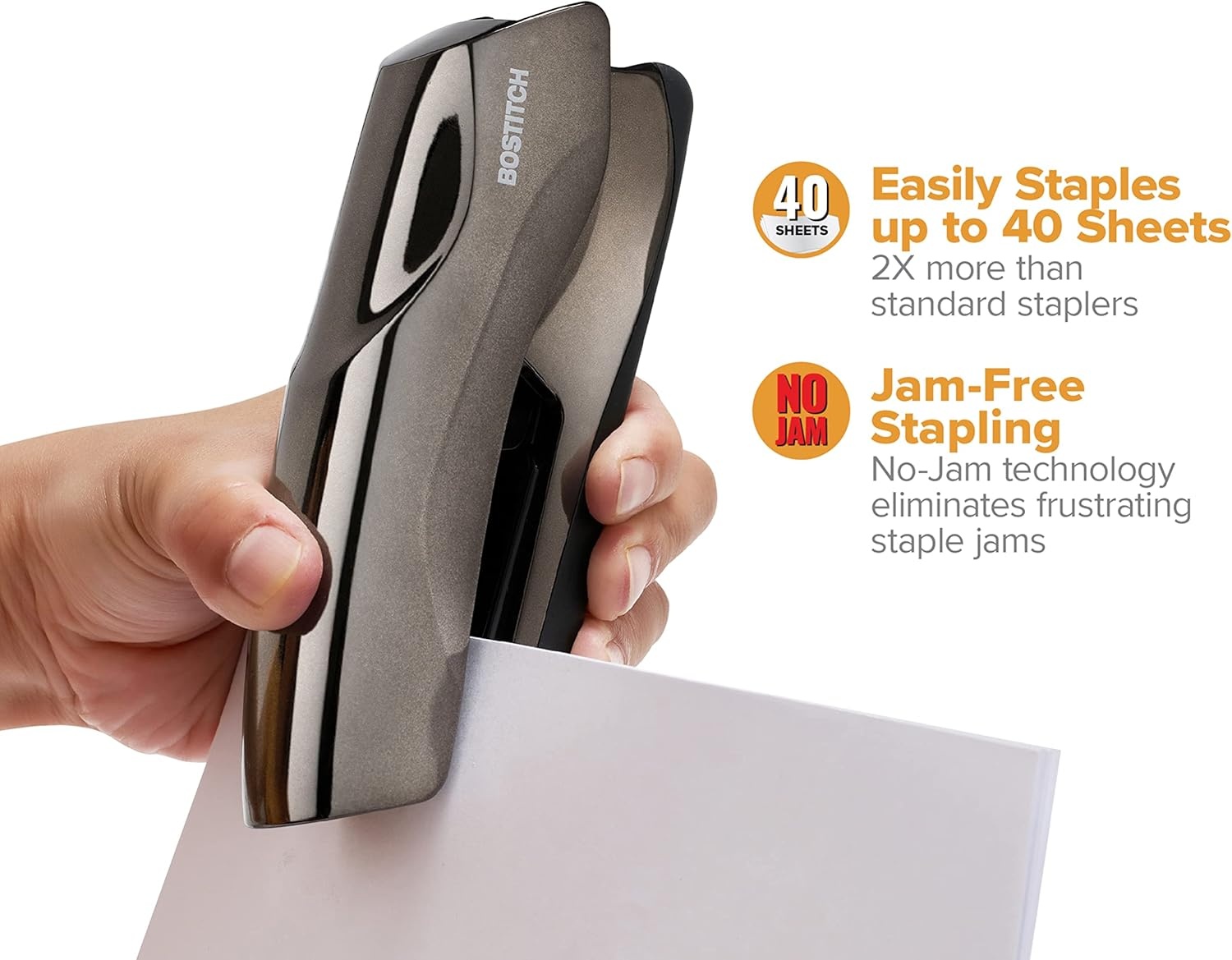 image:imageBostitch Office Heavy Duty Stapler 40 Sheet Capacity No Jam Half Strip Fits into the Palm of Your Hand For Classroom Office or Desk Black 3PackMetallic Black