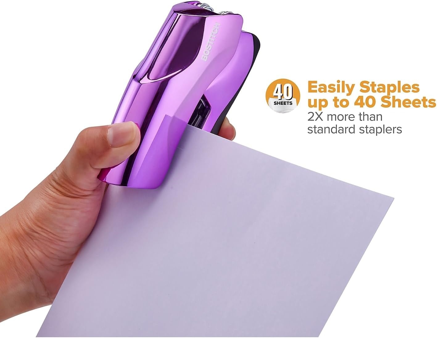 image:imageBostitch Office Heavy Duty Stapler 40 Sheet Capacity No Jam Half Strip Fits into the Palm of Your Hand For Classroom Office or Desk Black 3PackMetallic Purple