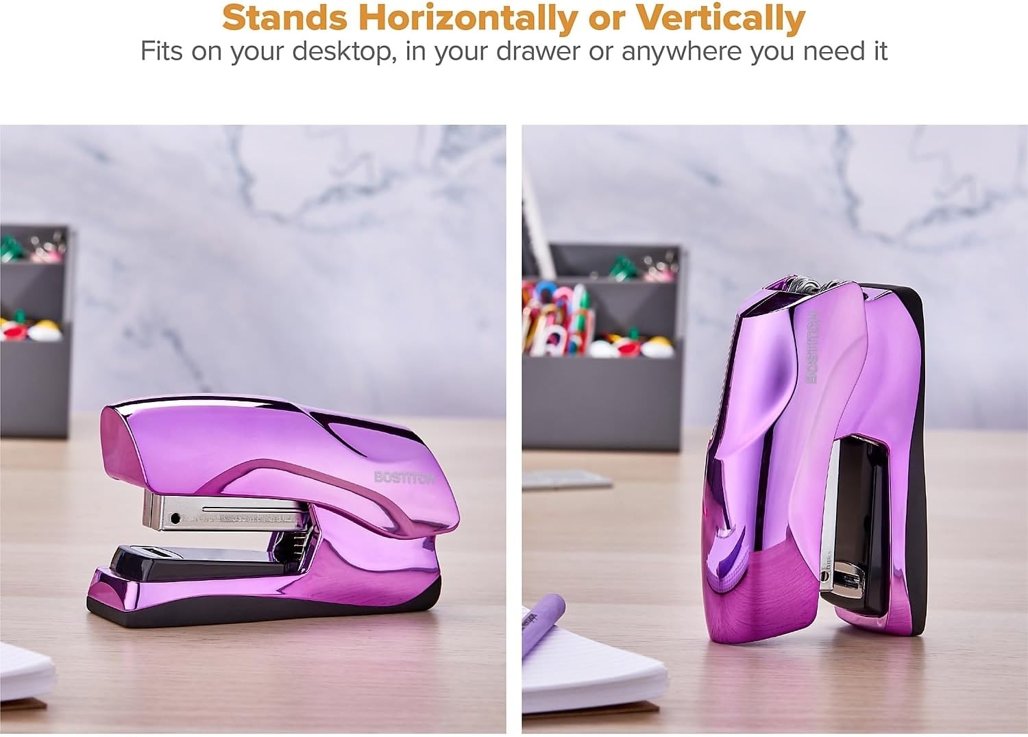 image:imageBostitch Office Heavy Duty Stapler 40 Sheet Capacity No Jam Half Strip Fits into the Palm of Your Hand For Classroom Office or Desk Black 3PackMetallic Purple