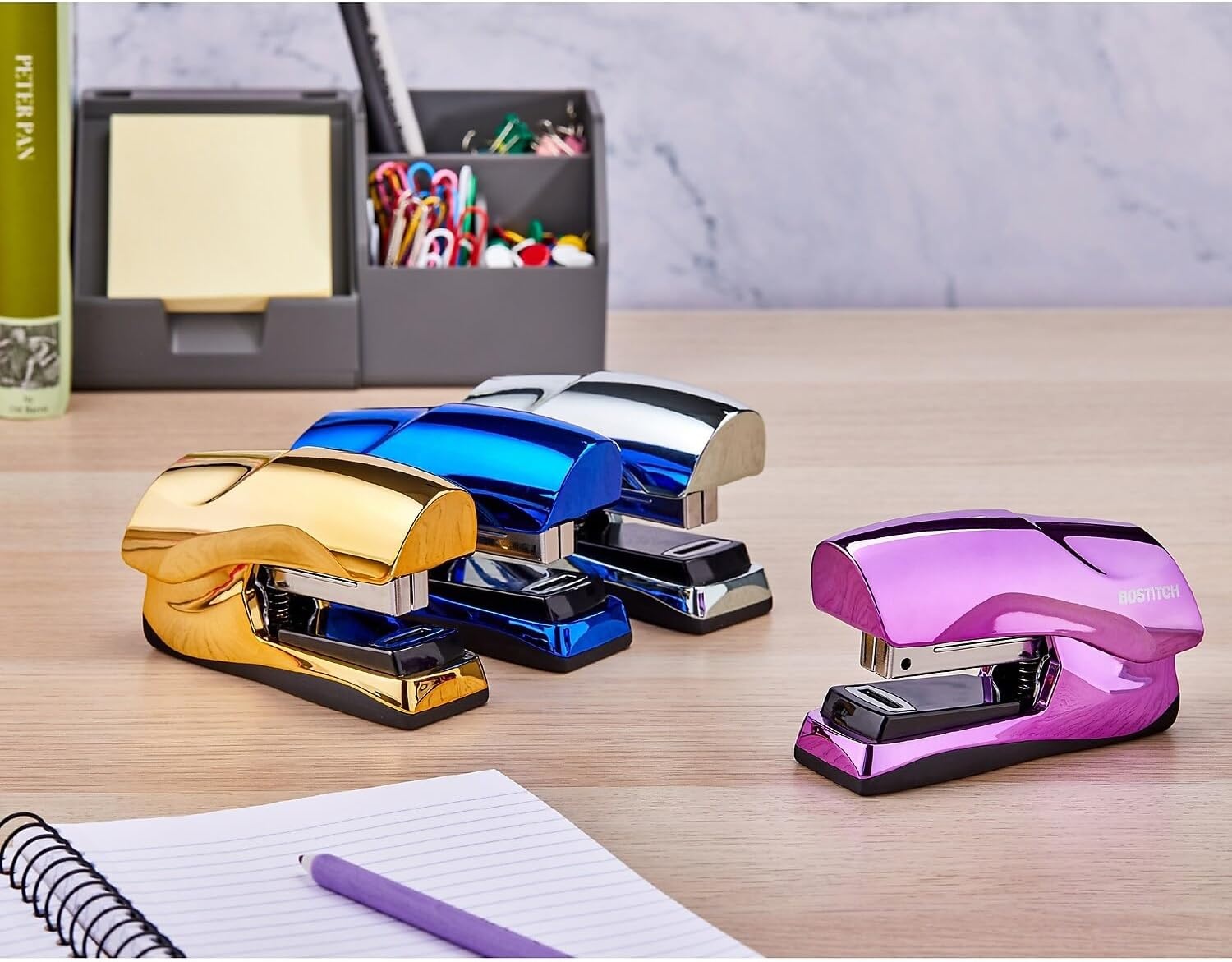 image:imageBostitch Office Heavy Duty Stapler 40 Sheet Capacity No Jam Half Strip Fits into the Palm of Your Hand For Classroom Office or Desk Black 3PackMetallic Blue