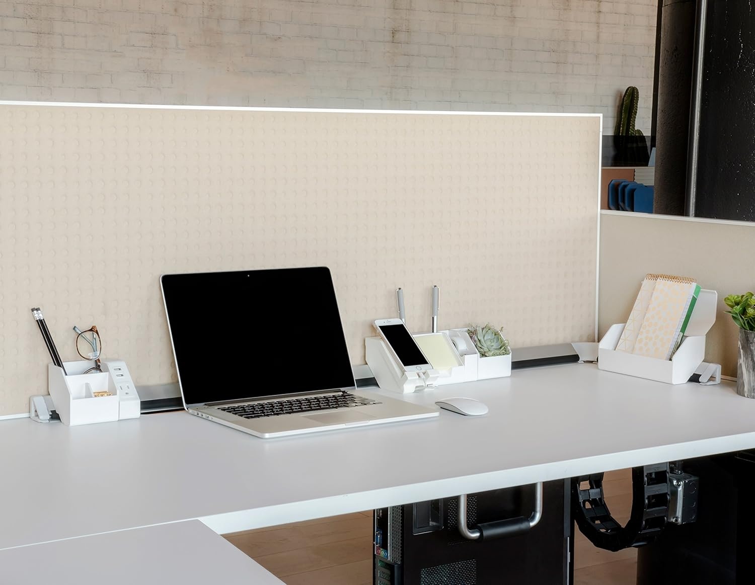 image:imageBostitch Office Konnect 14Piece Desktop Organizer Kit Includes Cable Management Rails Power Hub Charging Phone Dock Tape Dispenser Sticky Notes Storage Bins White KTCKIT4WHITE