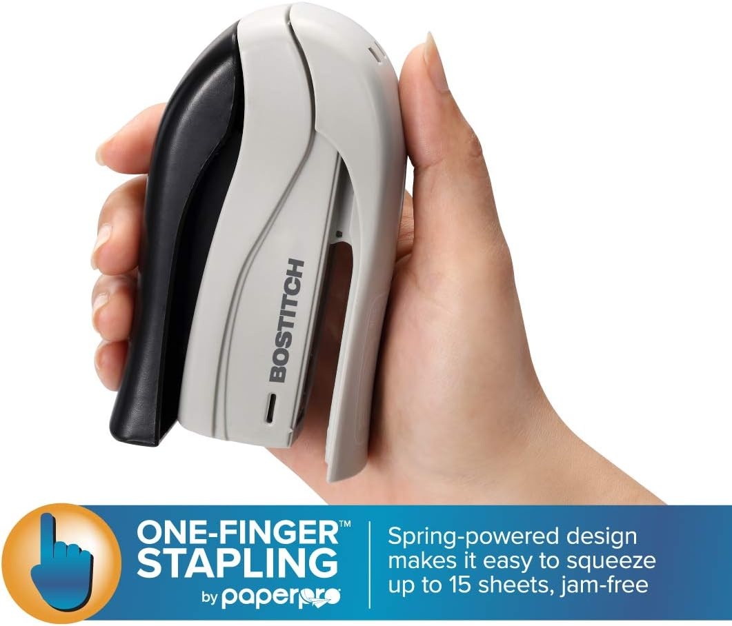 image:imageBostitch Office inSHAPE Compact Stapler 15 Sheet Capacity One Finger No Effort Spring Powered BlackGrayAssorted Stapler No Color Choice